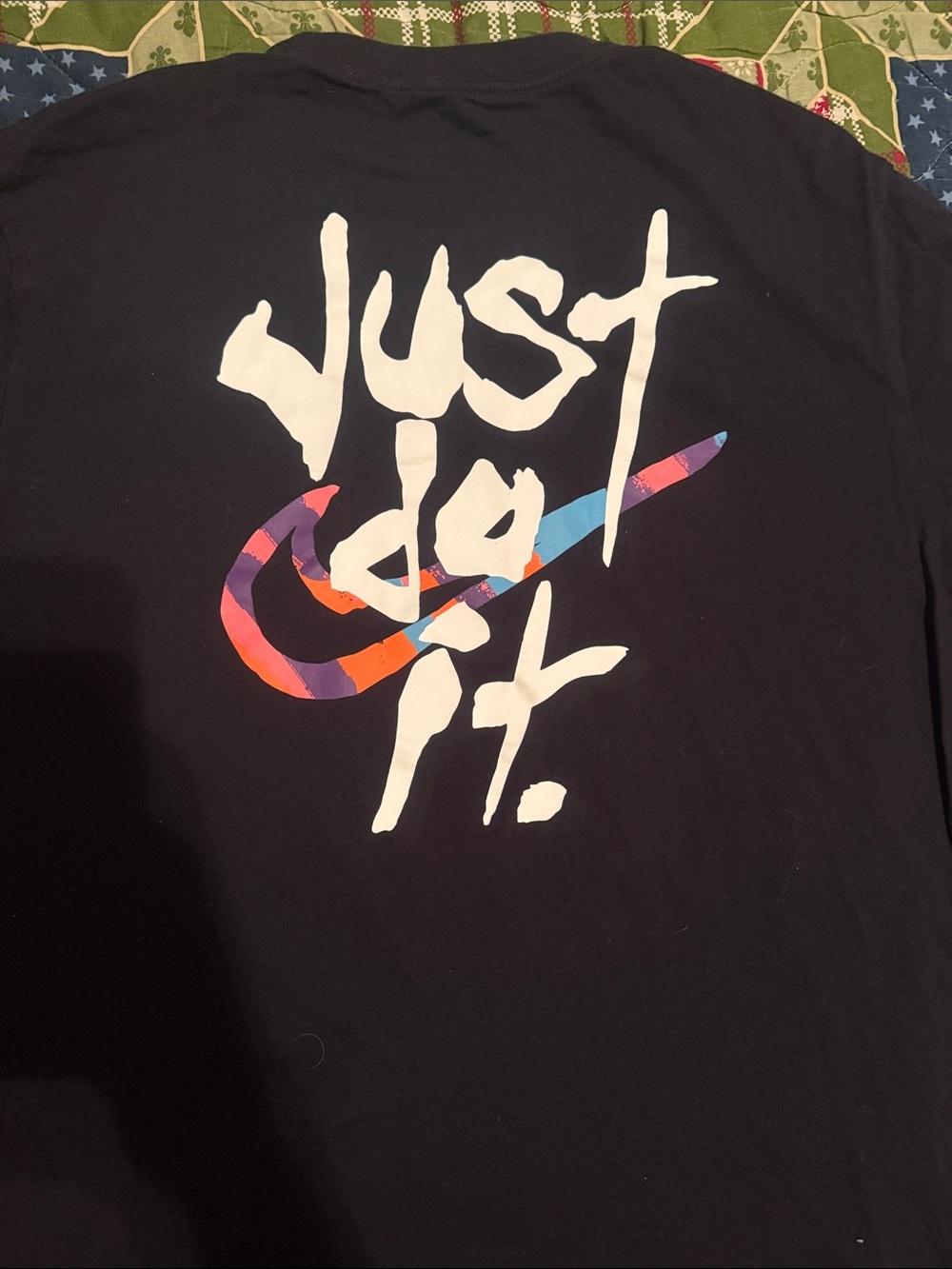 Nike Black Tee with Multicolor Swoosh and White 'Just Do It' Script